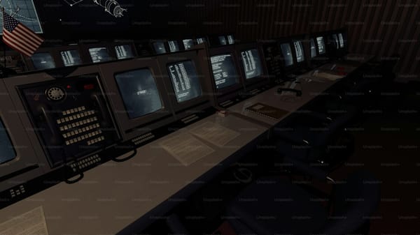 Array of broadcast monitors arranged on a control desk, the editorial visual metaphor for OTT and streaming operations